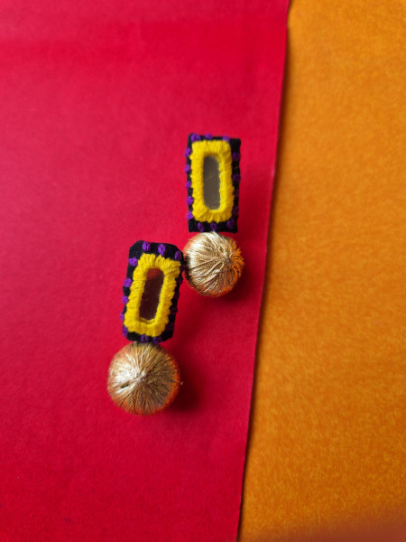 Zari Ball Mirror Embroidered Tribal Earring With Yellow thread