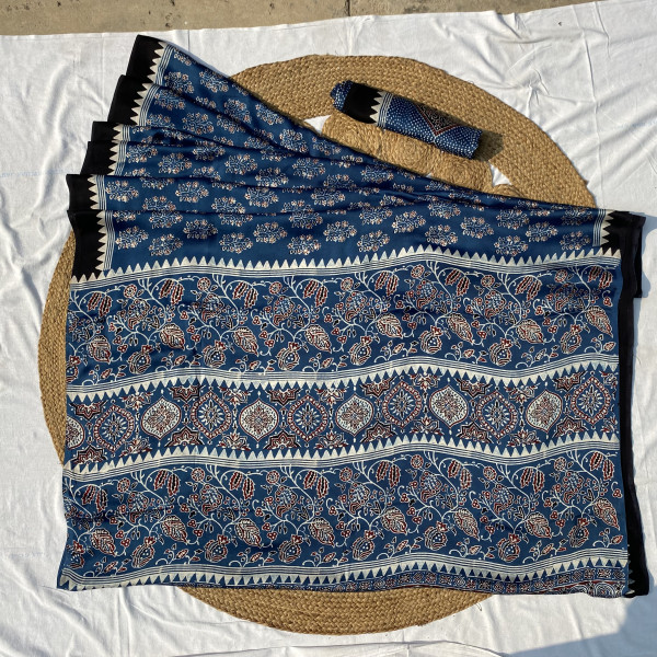 Indigo Ajrakh Print Modal Silk  Saree