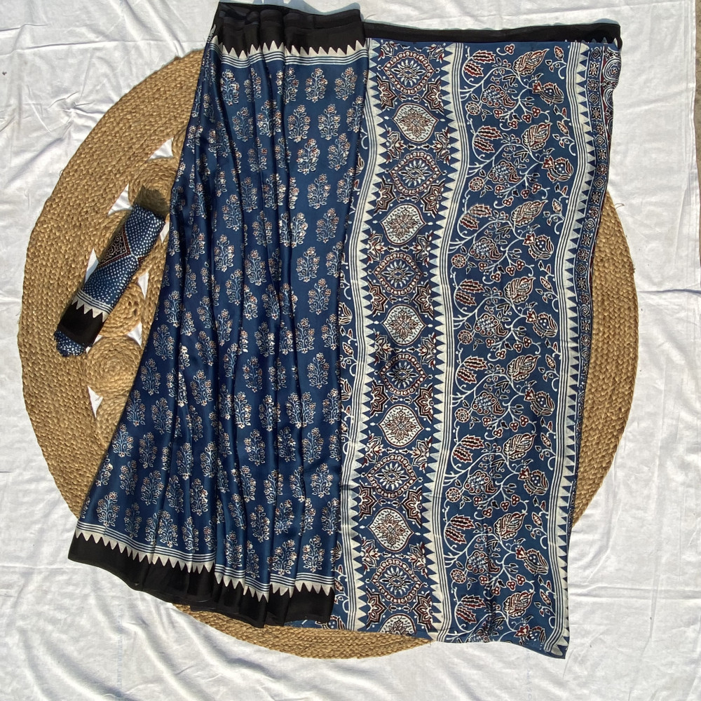 Image of Indigo Ajrakh Print Modal Silk  Saree