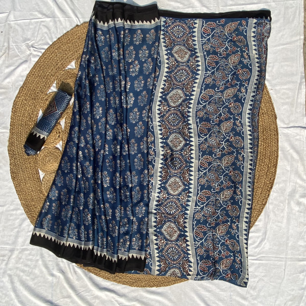 Indigo Ajrakh Print Modal Silk  Saree