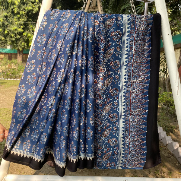 Indigo Ajrakh Print Modal Silk  Saree