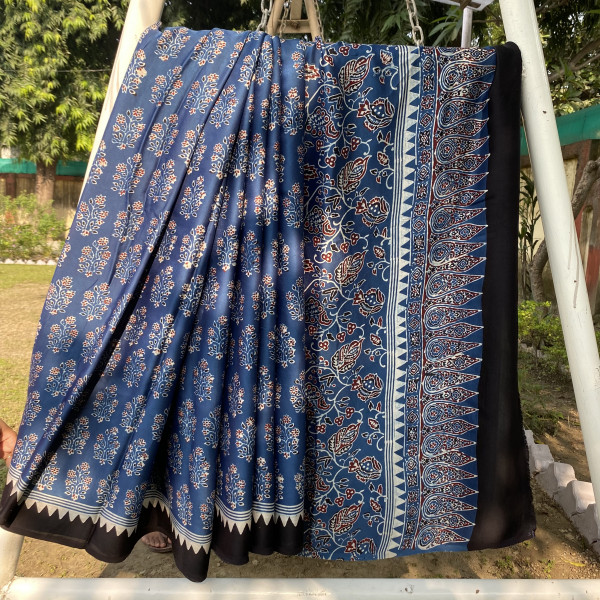 Indigo Ajrakh Print Modal Silk  Saree