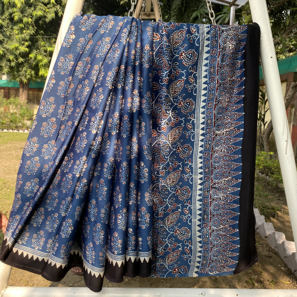 Indigo Ajrakh Print Modal Silk  Saree