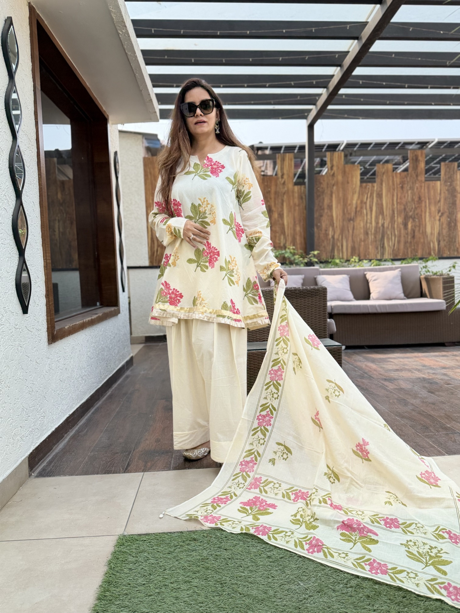 Cream Floral Farshi Suit