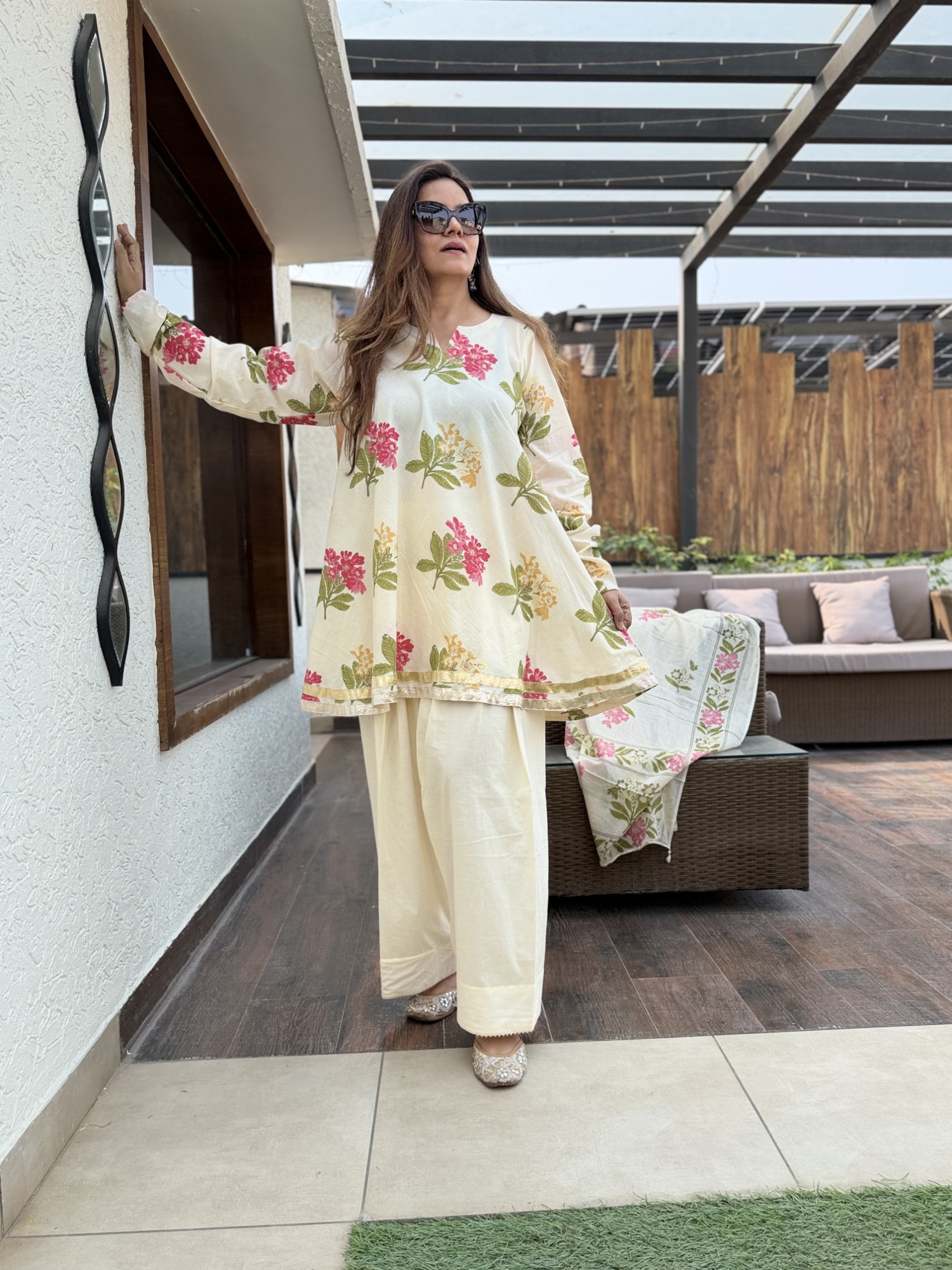 Cream Floral Farshi Suit