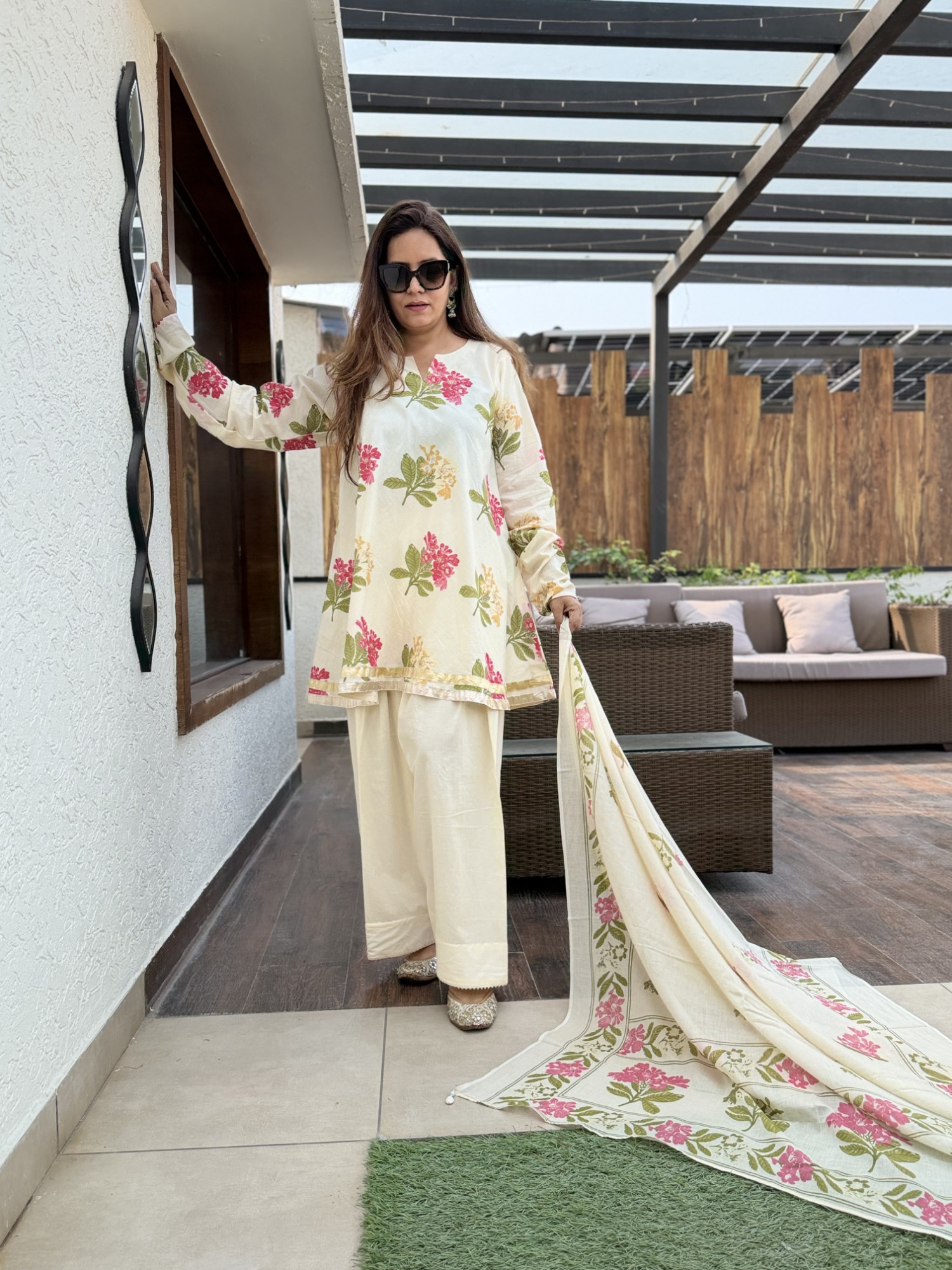 Cream Floral Farshi Suit