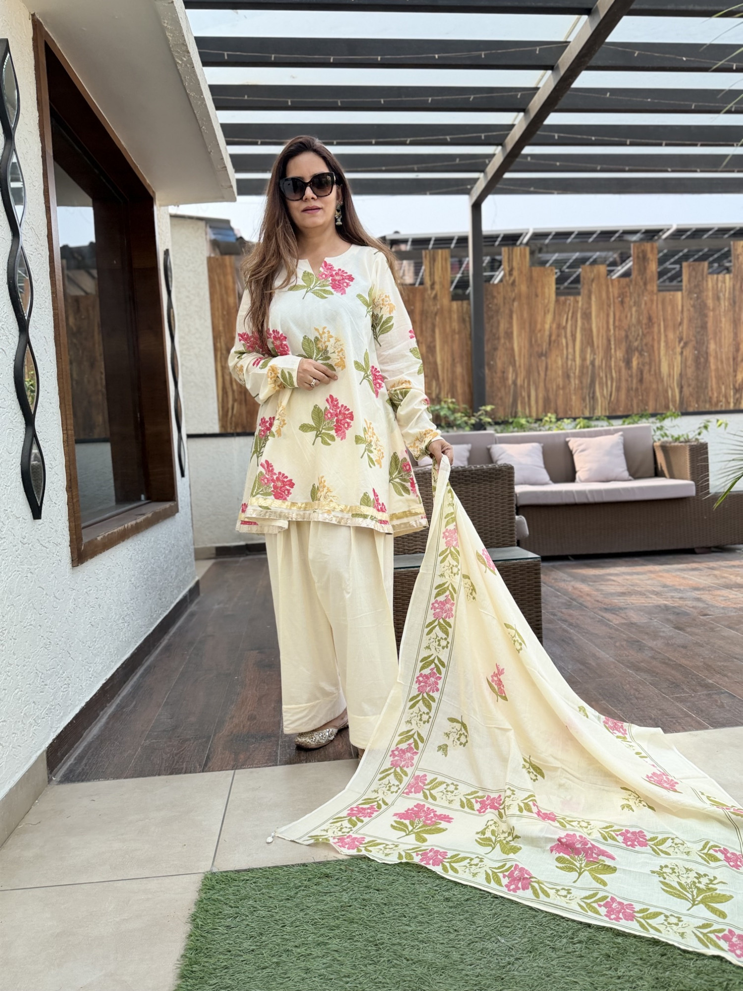 Cream Floral Farshi Suit