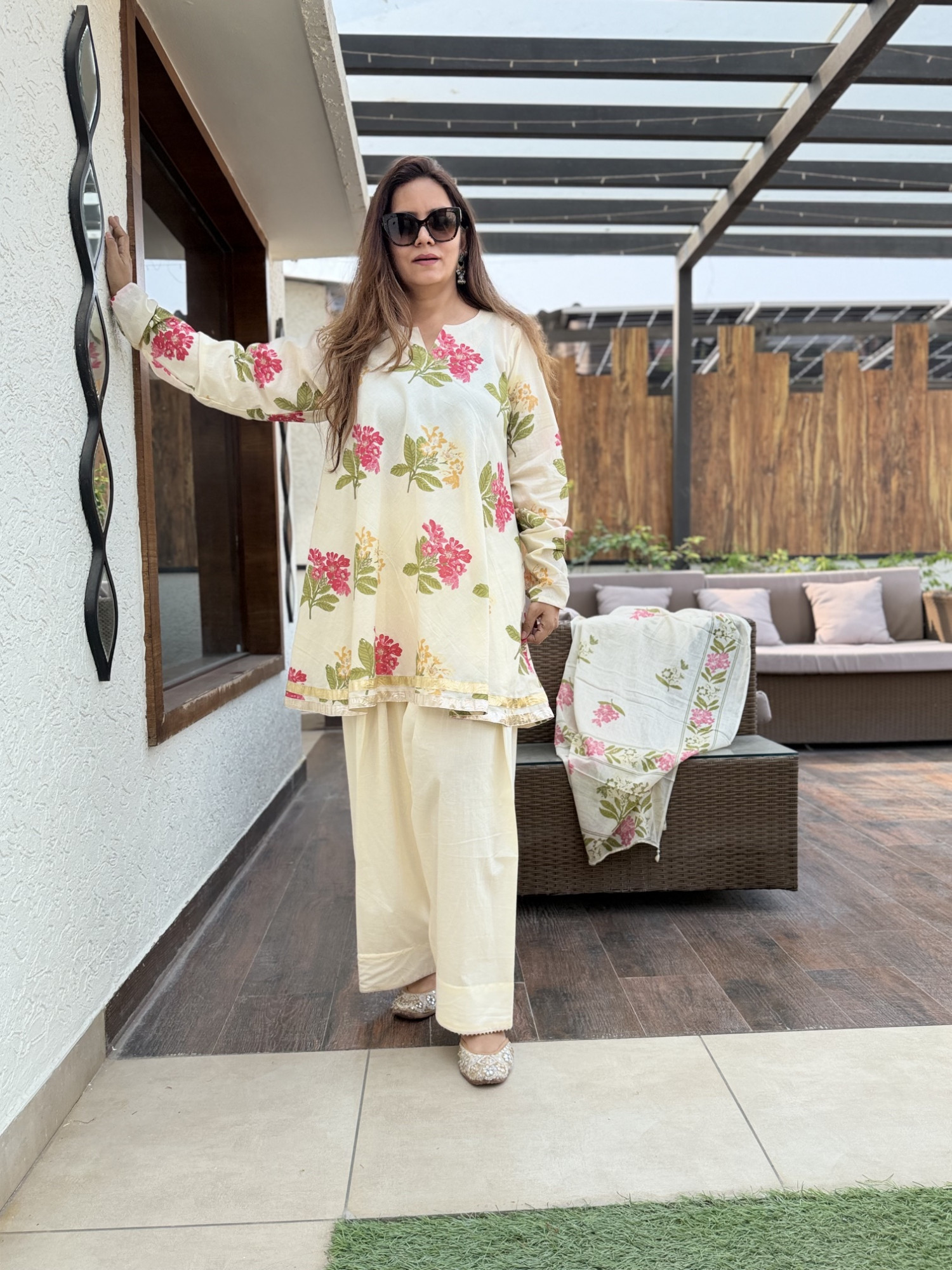 Cream Floral Farshi Suit