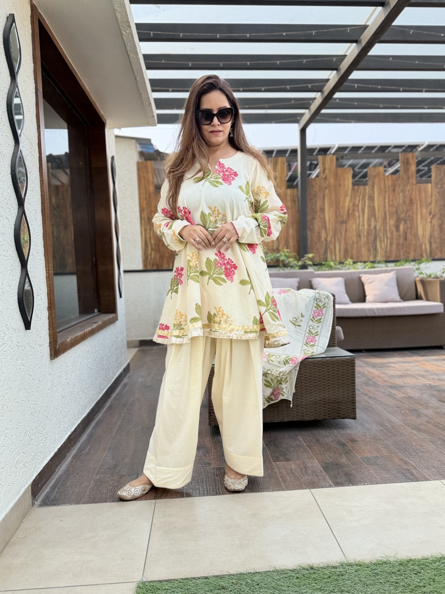 Cream Floral Farshi Suit
