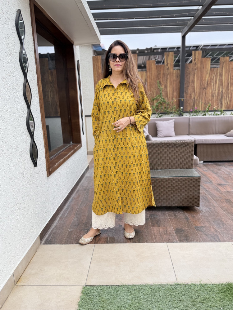 Image of Mustard Ajrakh Kurta