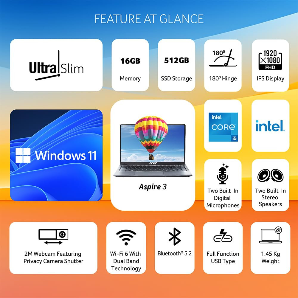 Acer Aspire 3 Laptop Graphite Shadow Intel Core i5-1235U 16GB RAM 512GB SSD 14 FHD IPS Display Intel Graphics Wi-Fi 6 Win11 Home A324-51 Backlit Keyboard 145 kg