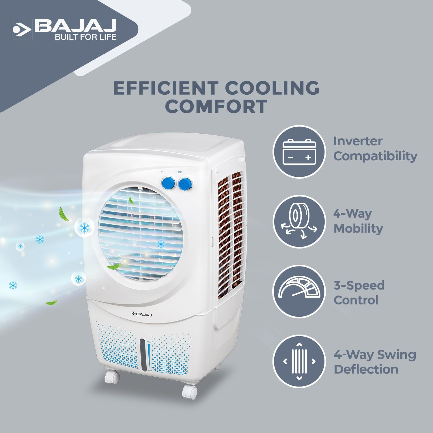 Bajaj PMH 36 Torque 36L Personal Air Cooler For Room Duramarine Pump with 2-Yr Pump Warranty 3-Yr Warranty 1 Yr Std 2 Yr Extn TurboFan Technology Powerful Air Throw 3-Speed Control Portable