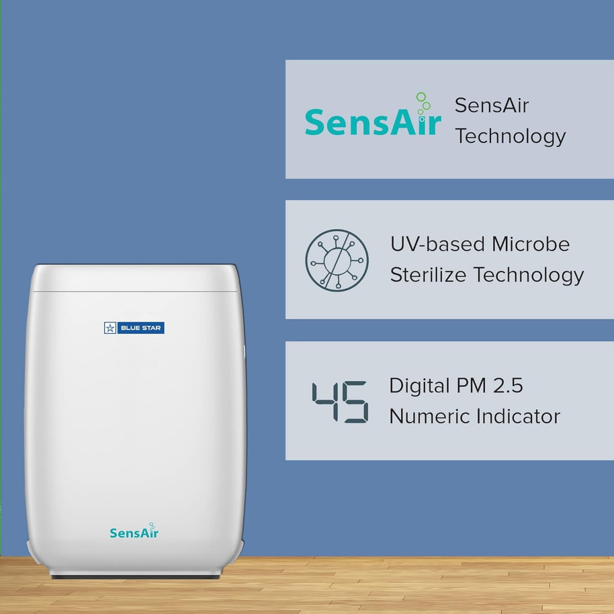 Blue Star Air Purifier AP420OANRoom Air Purifier with UV Based Microbe Sterilize technologySensAirHEPA FilterActive CarbonRemoves 997 Airborne Viruses  Bacteria592 sq ft Coverage Area
