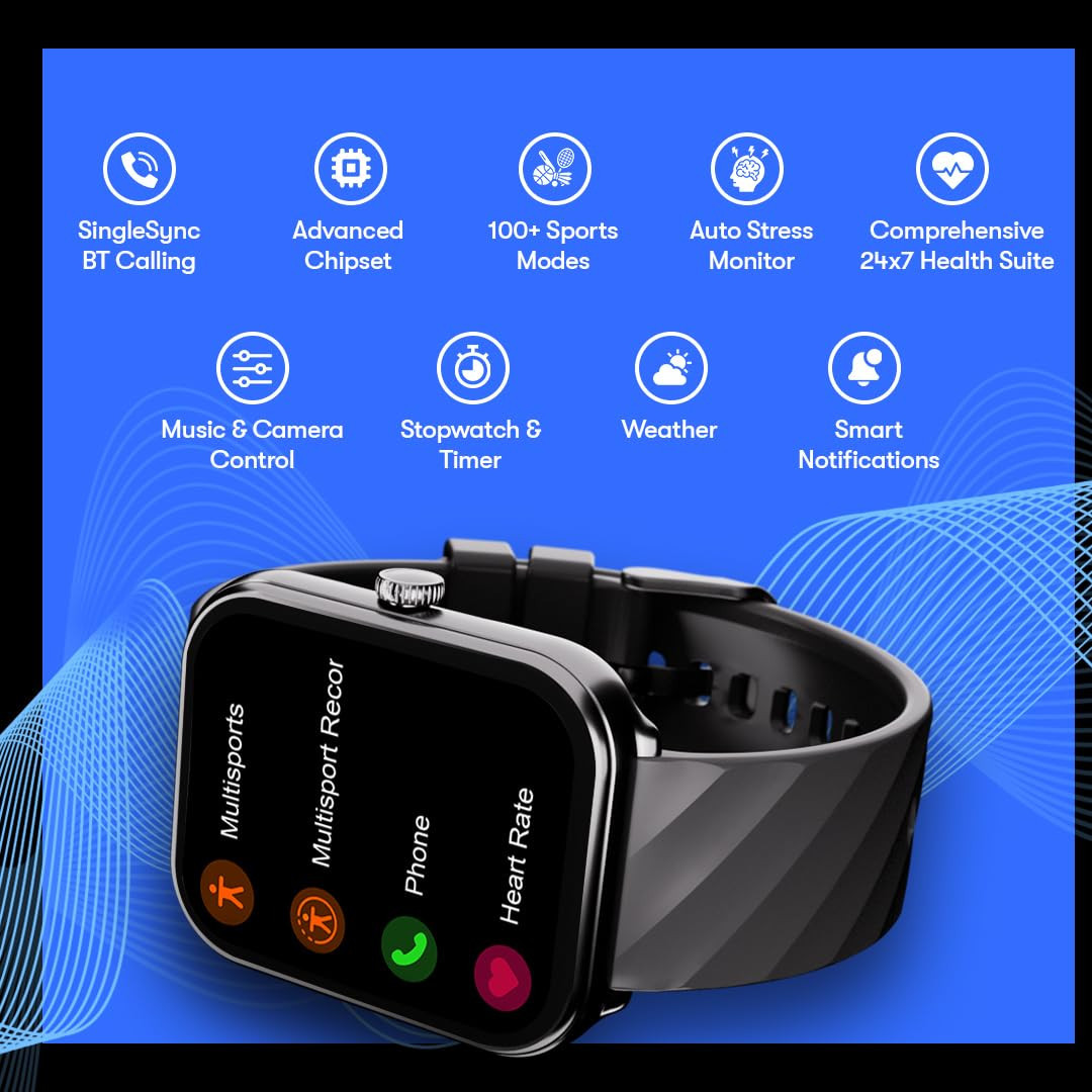 Fastrack Pulse Max Smartwatch 191 HD Display 700 Nits Brightness SingleSync BT Calling 100 Sports Modes Auto Stress Monitor IP68 Rated Carbon Black