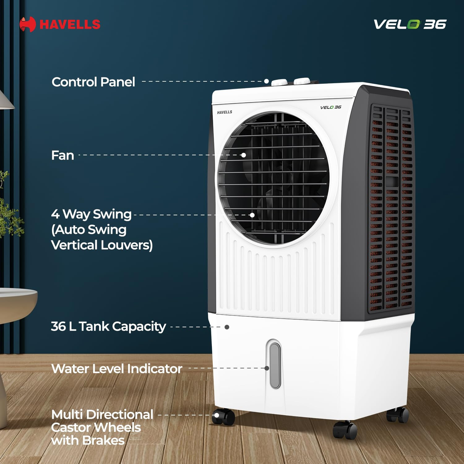 Havells Velo 36 L Personal Air Cooler for RoomPowerful Air-DeliveryWith Fan 3 Side Bacteria Shield Honeycomb PadsDouble Ball Bearing MotorFront Wheels with BrakesAerodynamically designed blades