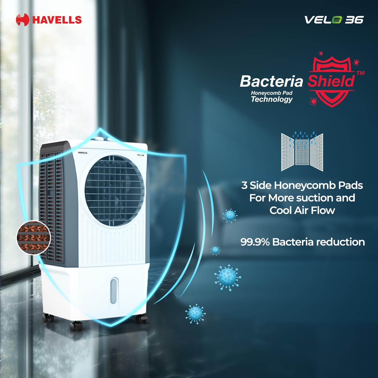 Havells Velo 36 L Personal Air Cooler for RoomPowerful Air-DeliveryWith Fan 3 Side Bacteria Shield Honeycomb PadsDouble Ball Bearing MotorFront Wheels with BrakesAerodynamically designed blades
