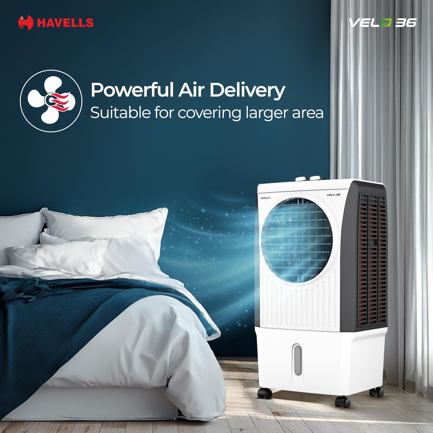 Havells Velo 36 L Personal Air Cooler for RoomPowerful Air-DeliveryWith Fan 3 Side Bacteria Shield Honeycomb PadsDouble Ball Bearing MotorFront Wheels with BrakesAerodynamically designed blades