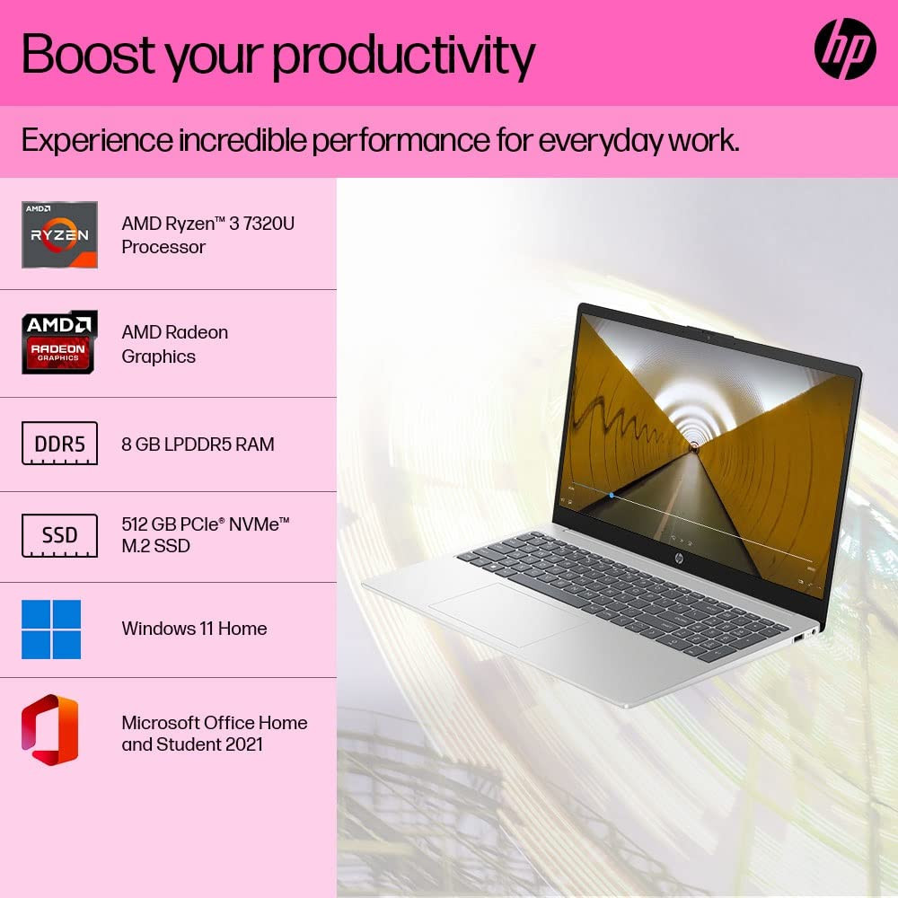 HP 15 Laptop Lunar Silver AMD Ryzen 3 7320U 8GB RAM 512GB SSD 156 FHD Display Backlit Keyboard Windows 11 MS Office 2021 FC0026AU 159 kg