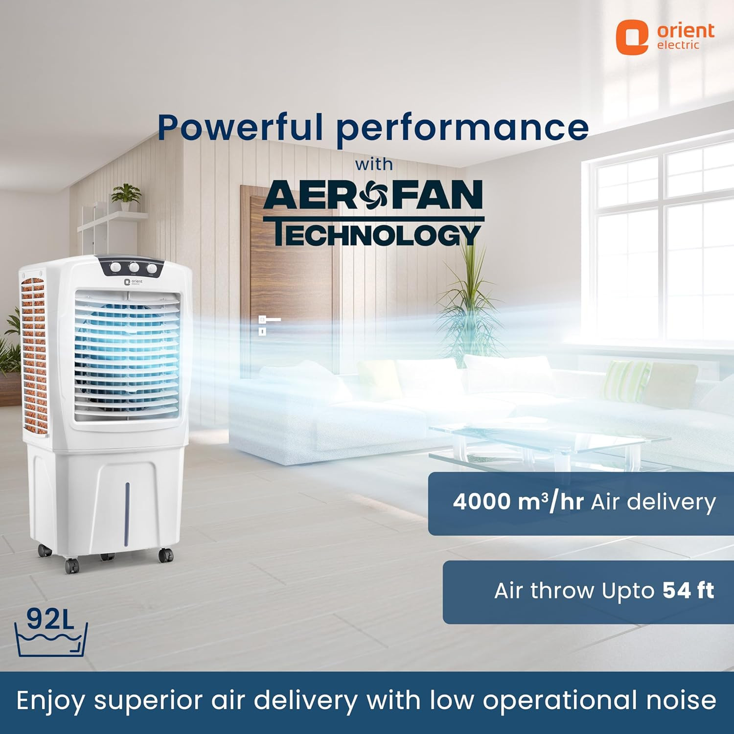 Orient Electric Aerostorm 92 L Desert Air Cooler For Home Densenest Honeycomb Pads For More Cooling Inverter Compatible 4000 Mch High Air Delivery Auto-Fill Feature Air Cooler For Room White