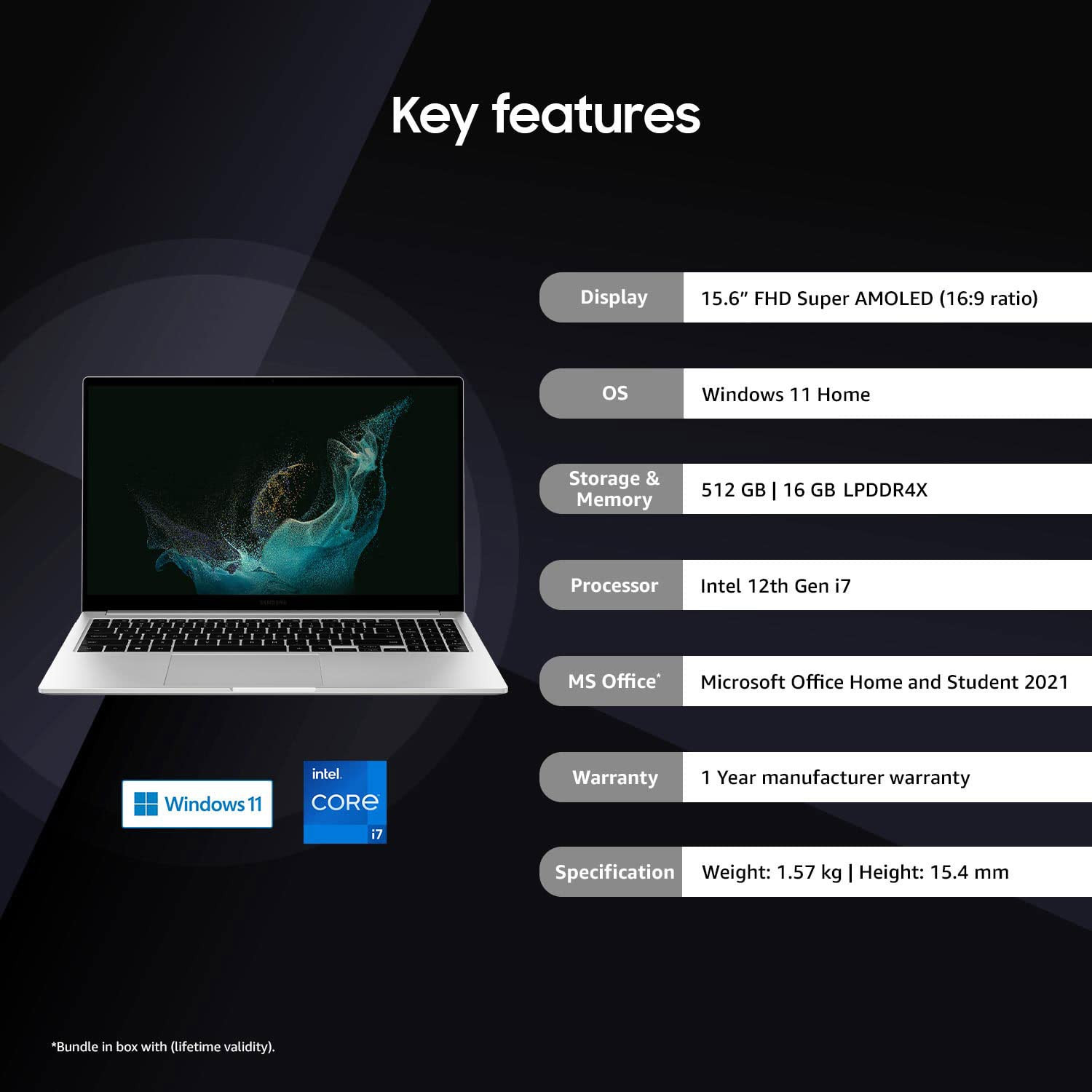 Samsung Galaxy Book2 Laptop Platinum Ice Intel 12th Gen Core i7 16GB RAM 512GB SSD 156 FHD Display Windows 11 MS Office Backlit Keyboard Fingerprint Reader NP750XED-KC2IN 155 kg