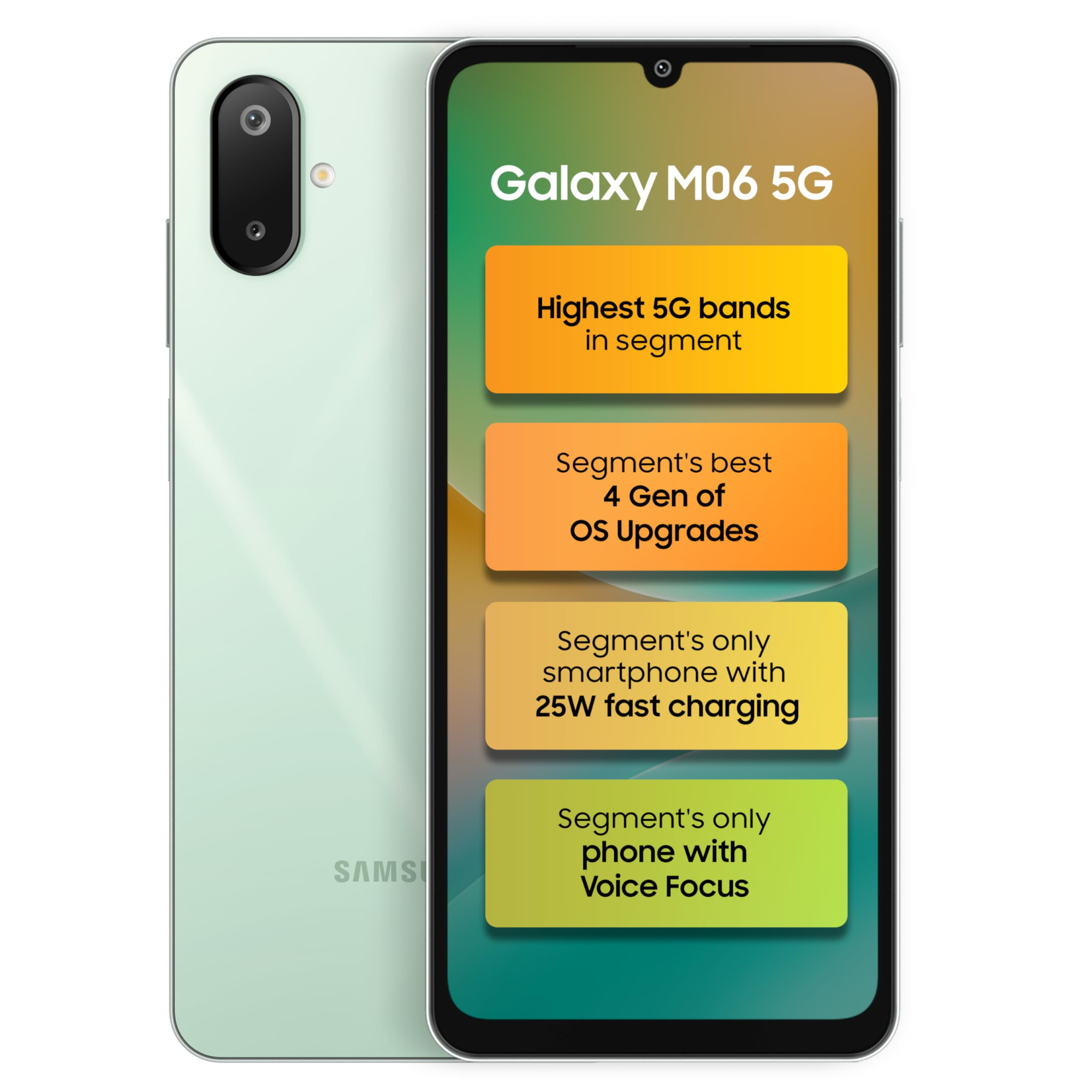 Samsung Galaxy M06 5G Olive Glow 6GB RAM 128GB Storage MediaTek Dimensity 6300 AnTuTu Score 422K 12 5G Bands 25W Fast Charging 4 Years of OS Upgrades Charger Not Included