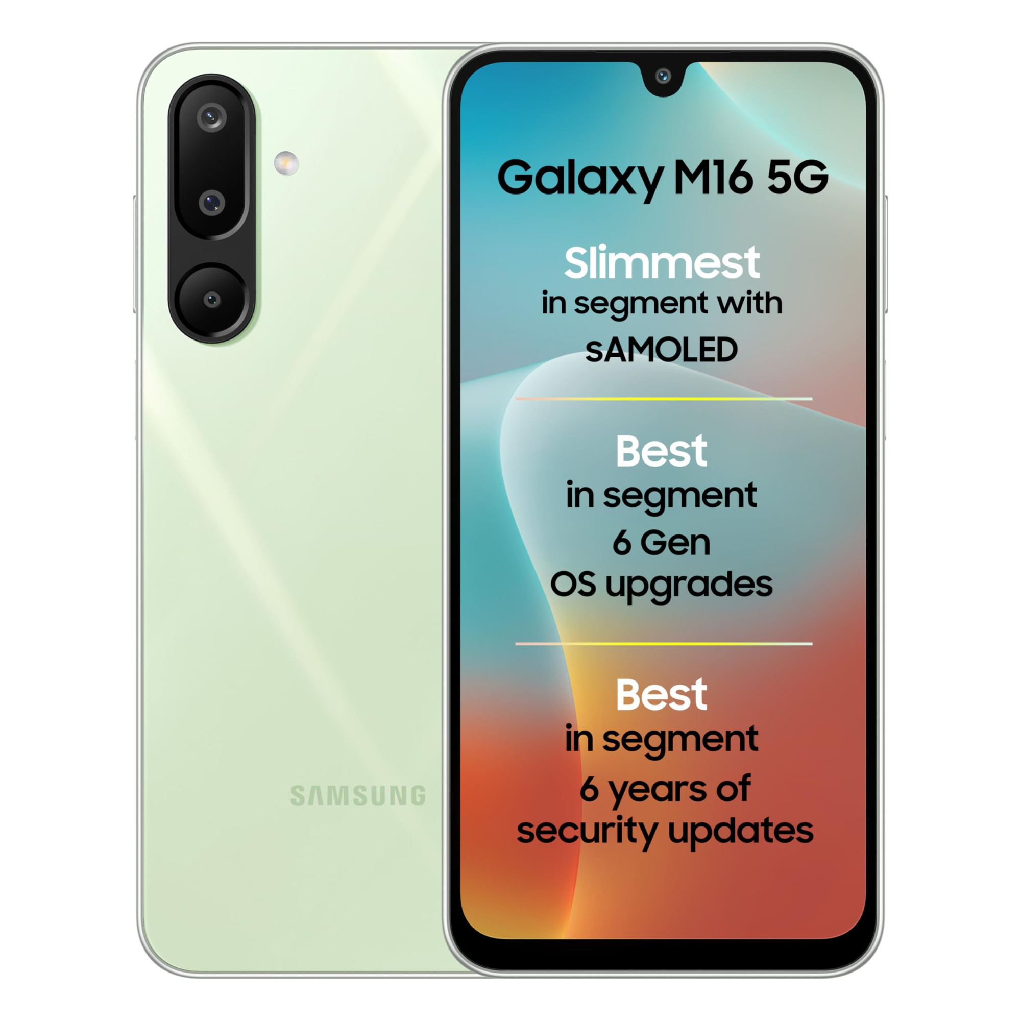 Samsung Galaxy M16 5G Aqua Mist 6GB RAM 128GB Storage MediaTek Dimensity 6300 AnTuTu Score 422K Super AMOLED Display 25W Fast Charging 6 Years of OS Updates Charger Not Included
