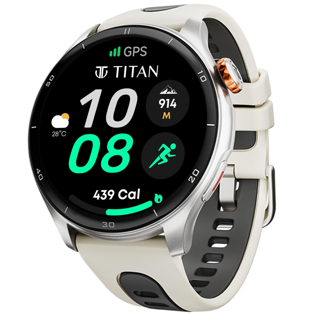 Titan Horizon Pro Smartwatch  143 AMOLED AOD Display  Advanced GPS Suite  Piezoelectric Crown  BT Calling  NitroFast Charging  3ATM Water Resistance