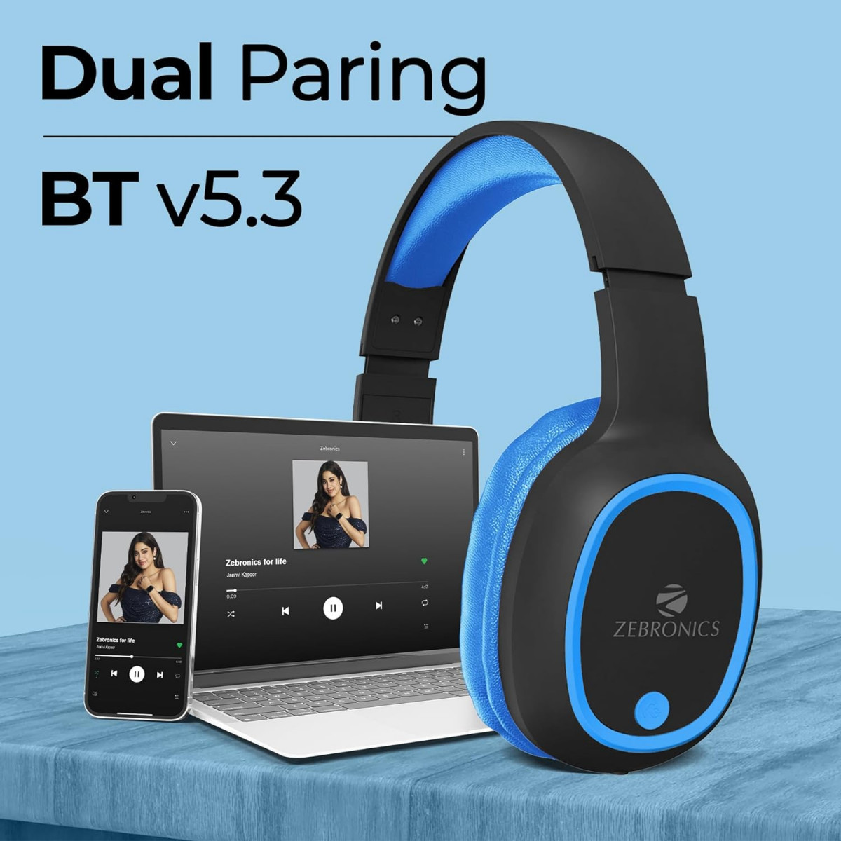 Zebronics Thunder Wireless Over-Ear Headphones Bluetooth 53 Ocean Blue Deep Bass Built-in Mic Long Battery Life