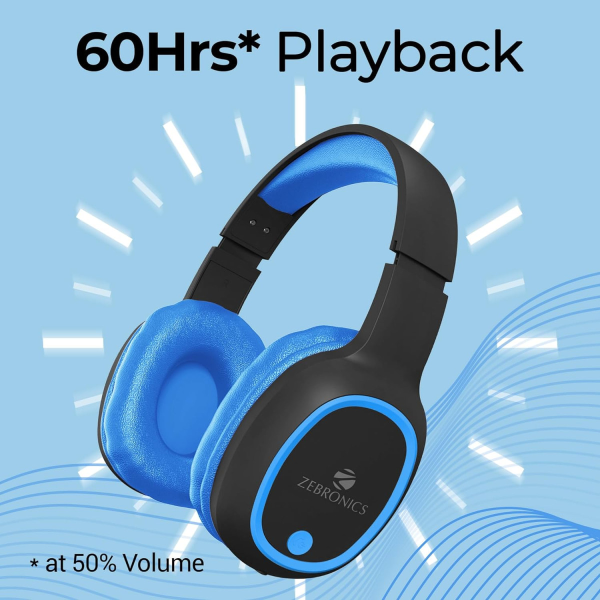 Zebronics Thunder Wireless Over-Ear Headphones Bluetooth 53 Ocean Blue Deep Bass Built-in Mic Long Battery Life
