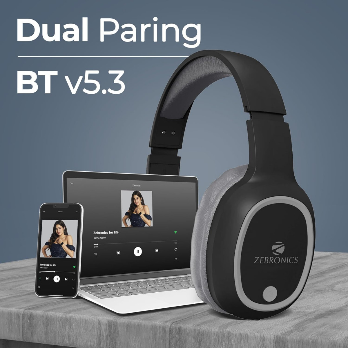 Zebronics Thunder Bluetooth 53 Over-Ear Wireless Headphones Midnight Black Deep Bass Foldable Design Voice Assistant Support