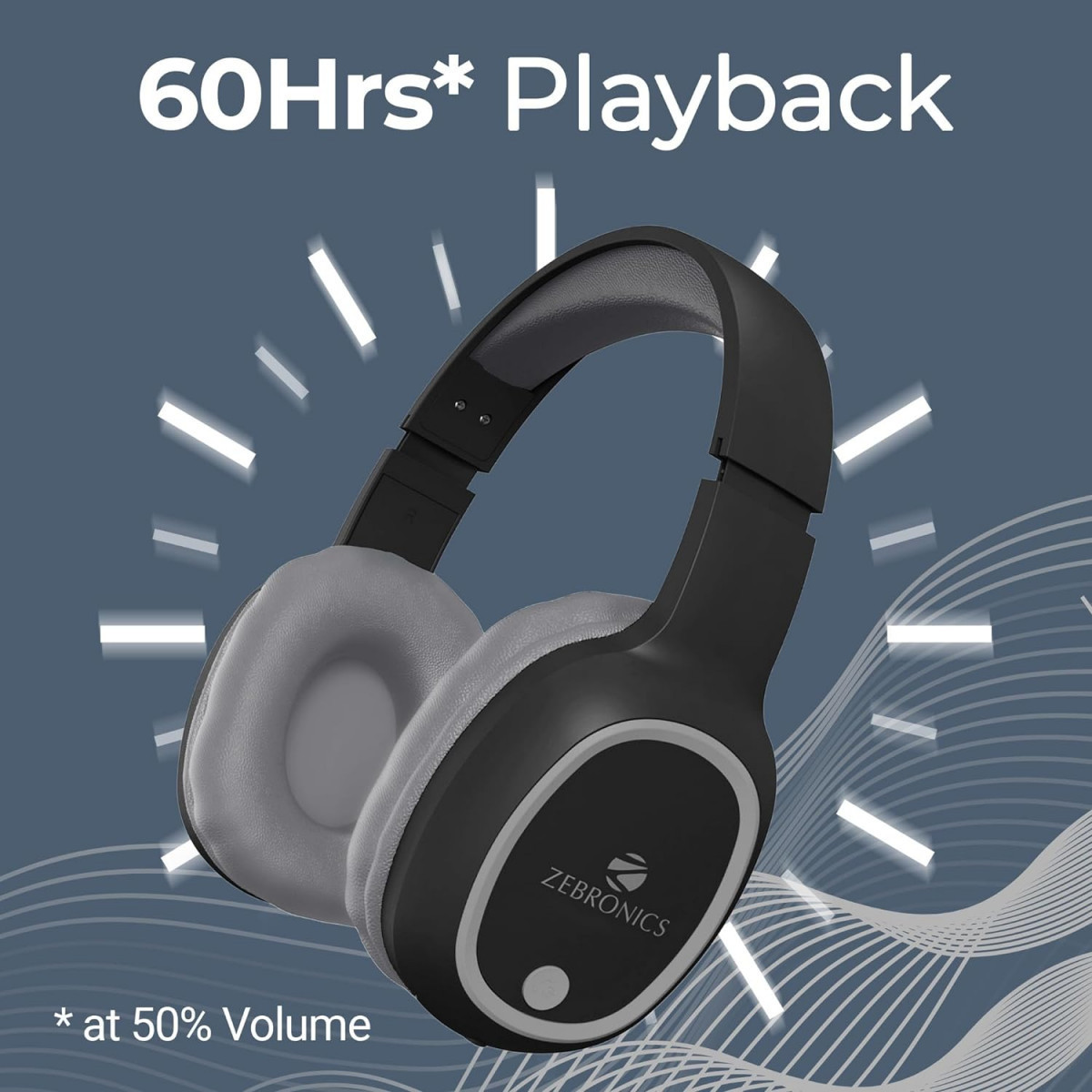 Zebronics Thunder Bluetooth 53 Over-Ear Wireless Headphones Midnight Black Deep Bass Foldable Design Voice Assistant Support