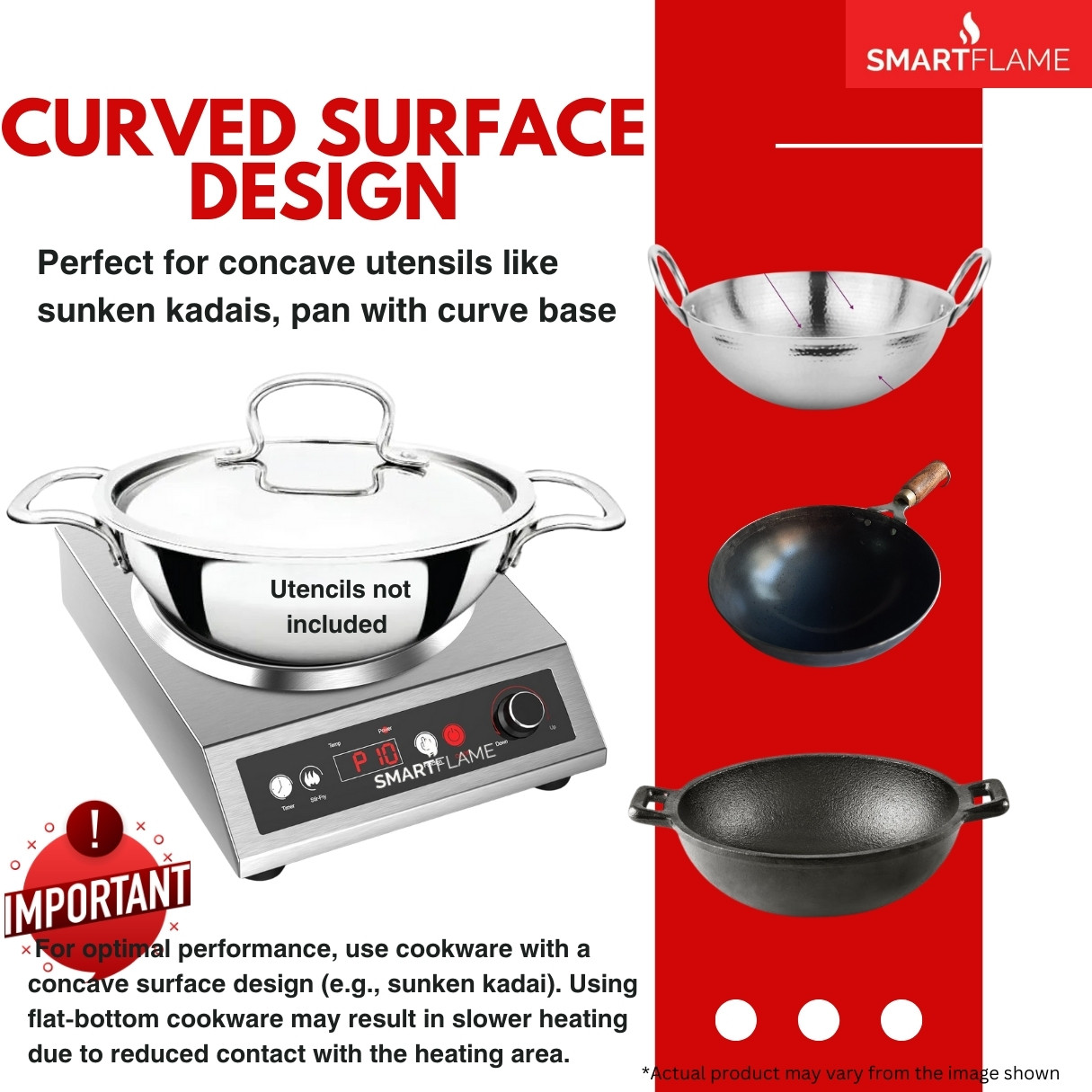 SMARTFLAME 5kW Curve Sunken Commercial High Power Induction Cooker Concave Base Cooktop Radiant Silver
