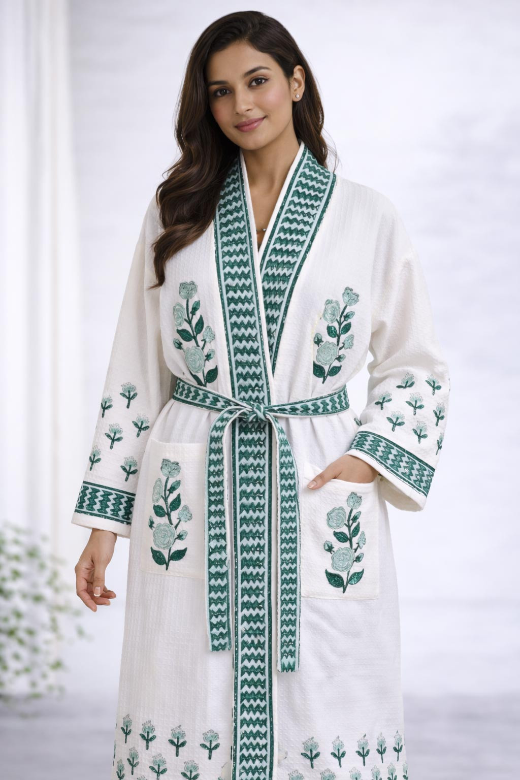 Sameera Floral Hand Block Print Bathrobe in Waffle Cotton with Tie Belt