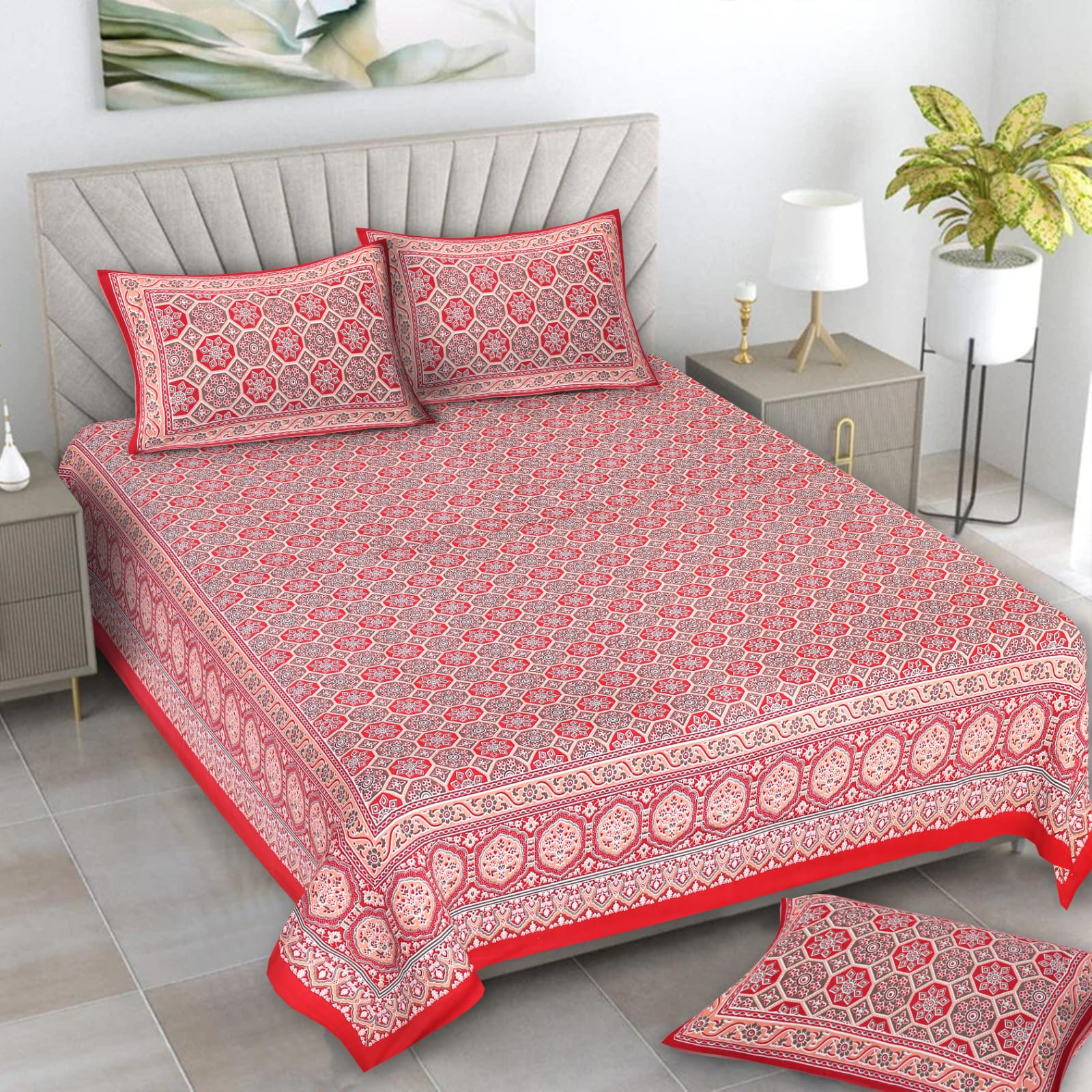 Royal Jaipuri Heritage Pure Cotton Handloom Double Bedsheet - Red Floral Print