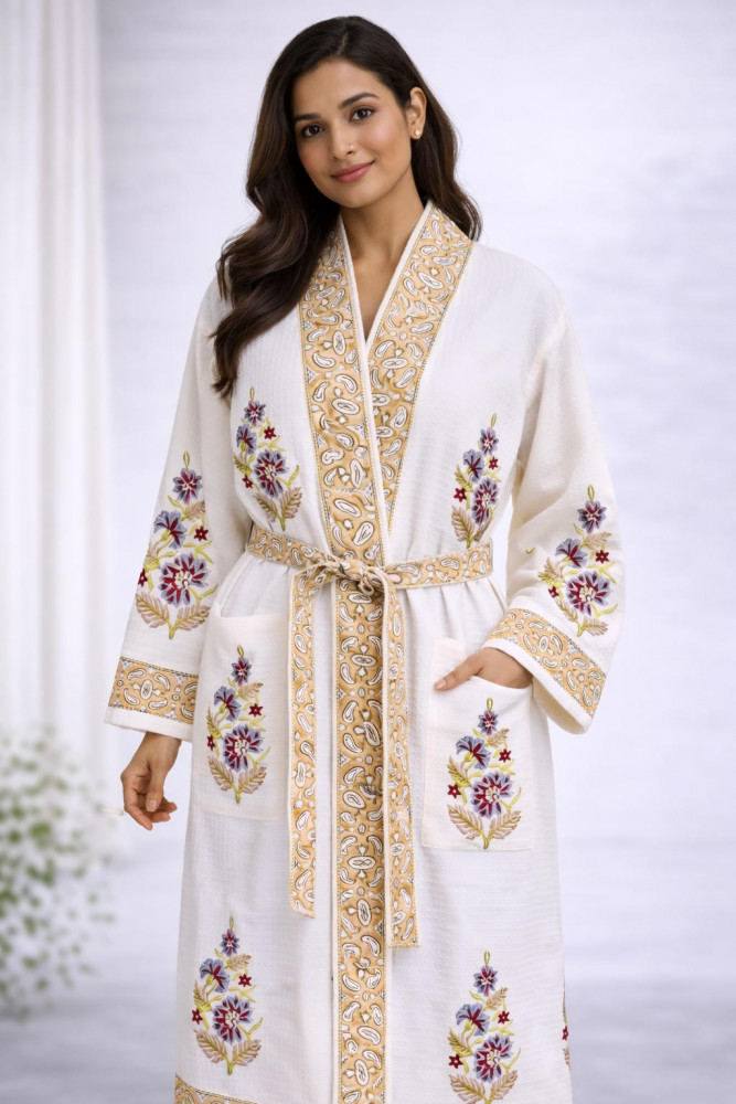 Image of Sameera Floral Hand Block Print Bathrobe in Waffle Cotton with Tie Belt