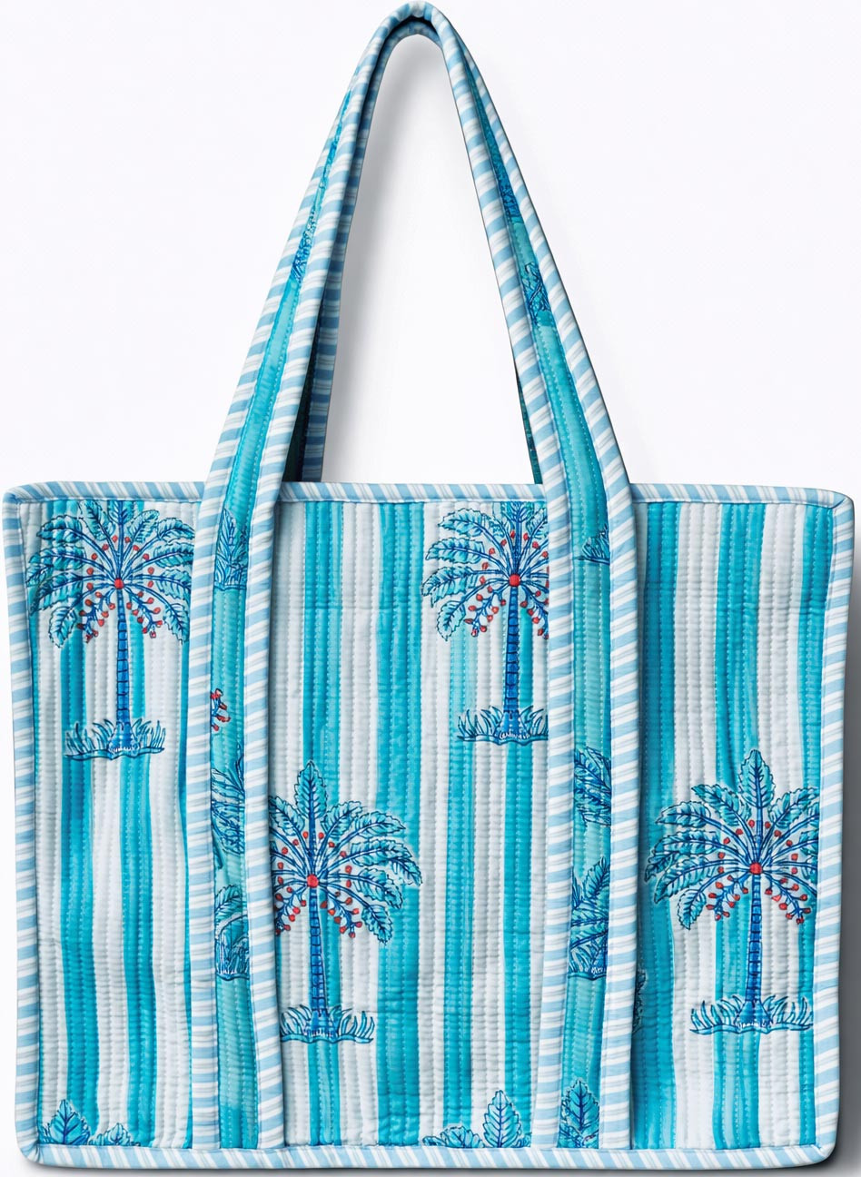 Handcrafted Quilted Cotton Tote Bag Aqua Blue Palm Tree Print