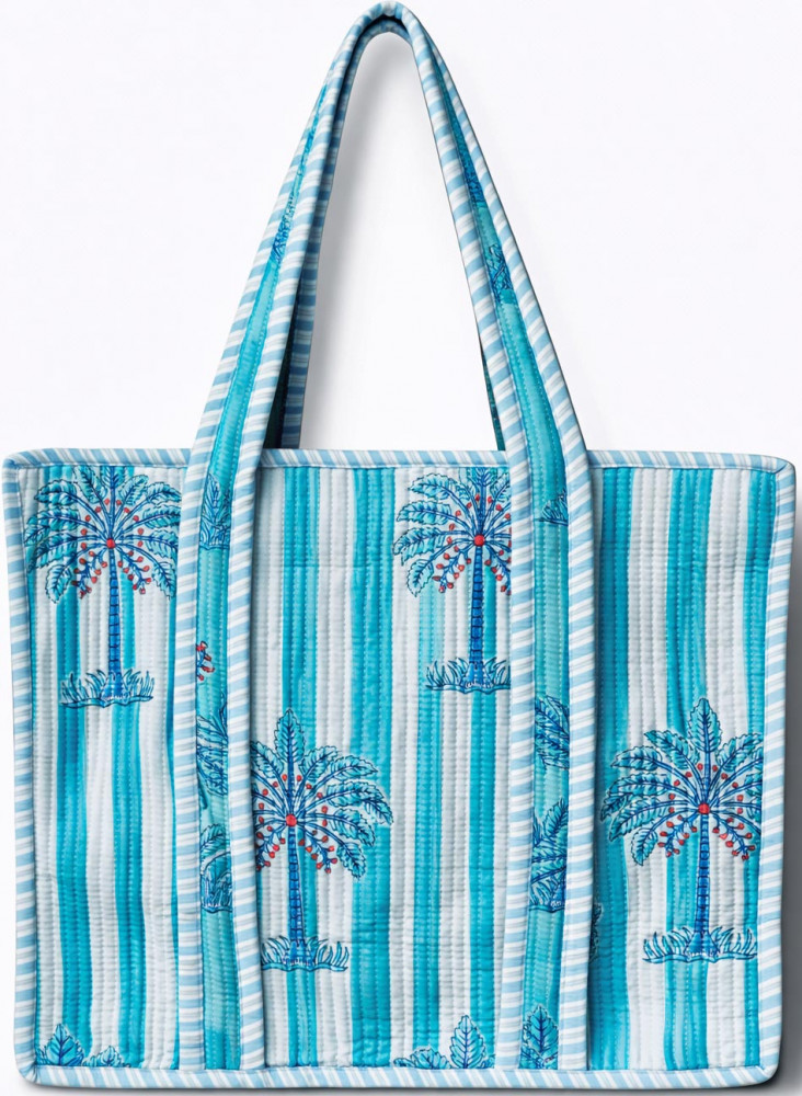 Image of Ocean Blue Palm Motif Quilted Cotton Tote Bag – Reversible Design