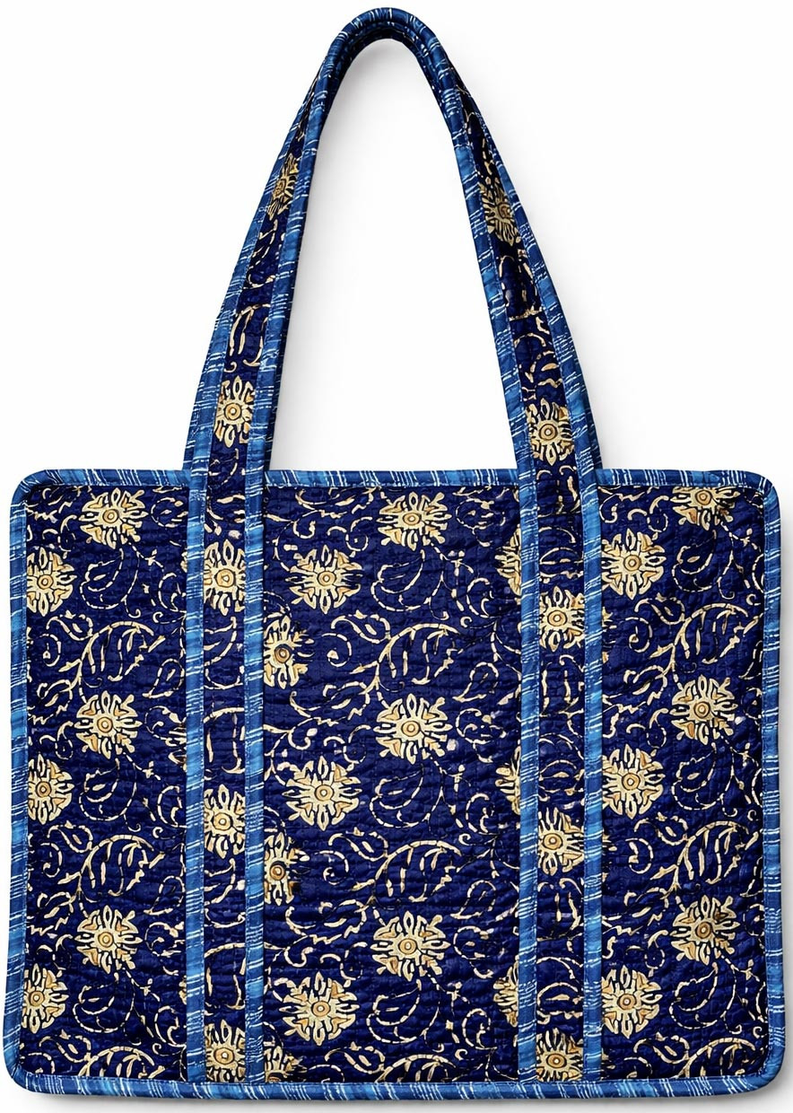 Grey  Mustard Safari Print Quilted Cotton Reversible Tote Bag with Zipper