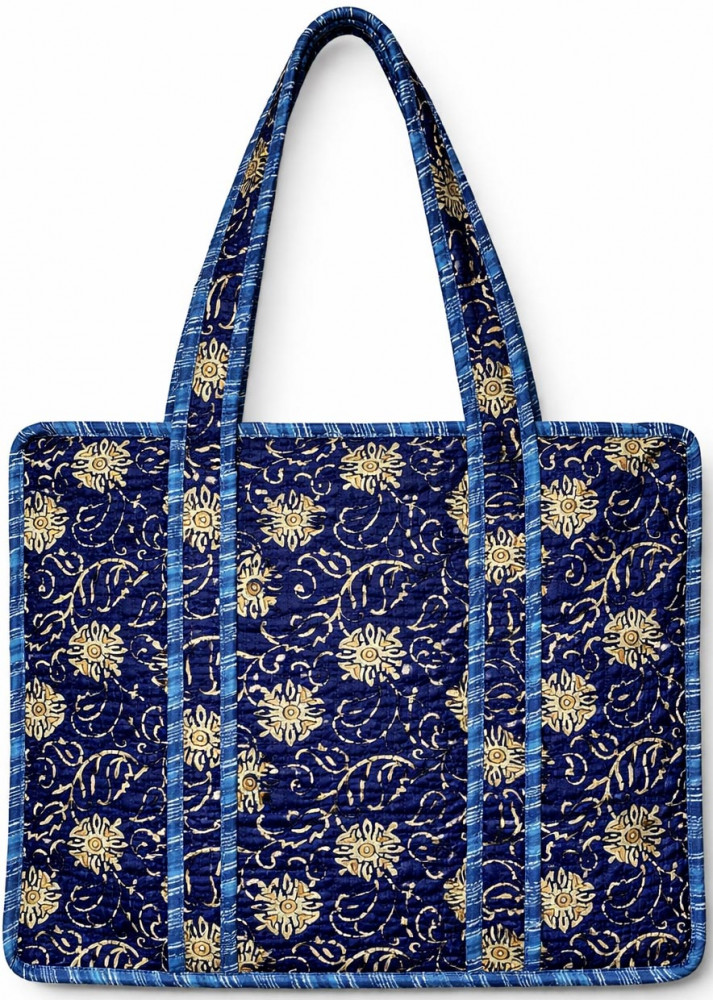 Image of Grey &amp; Mustard Safari Print Quilted Cotton Reversible Tote Bag with Zipper