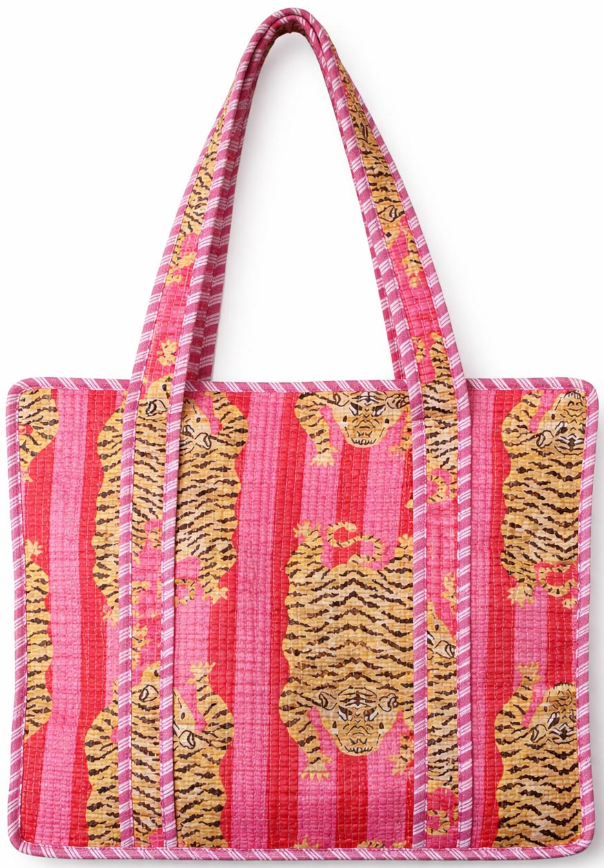 Handcrafted Quilted Cotton Tote Bag with Pink Tiger Print
