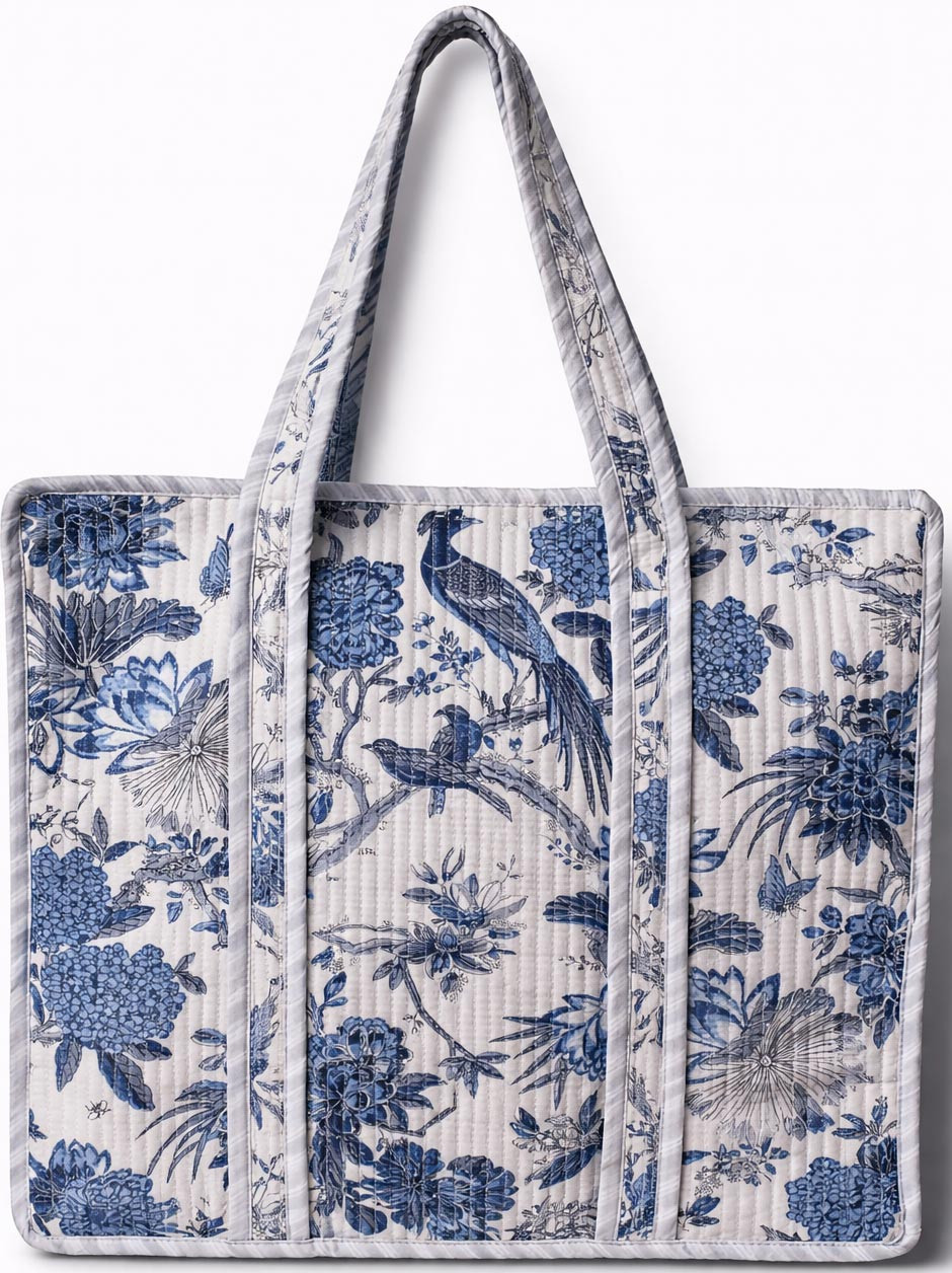 Grey  Mustard Safari Print Quilted Cotton Reversible Tote Bag with Zipper