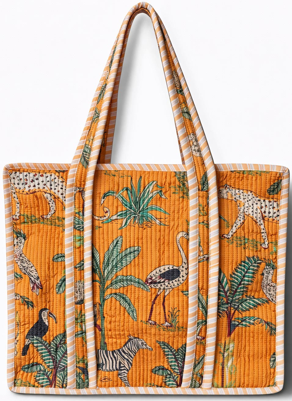 Grey  Mustard Safari Print Quilted Cotton Reversible Tote Bag with Zipper