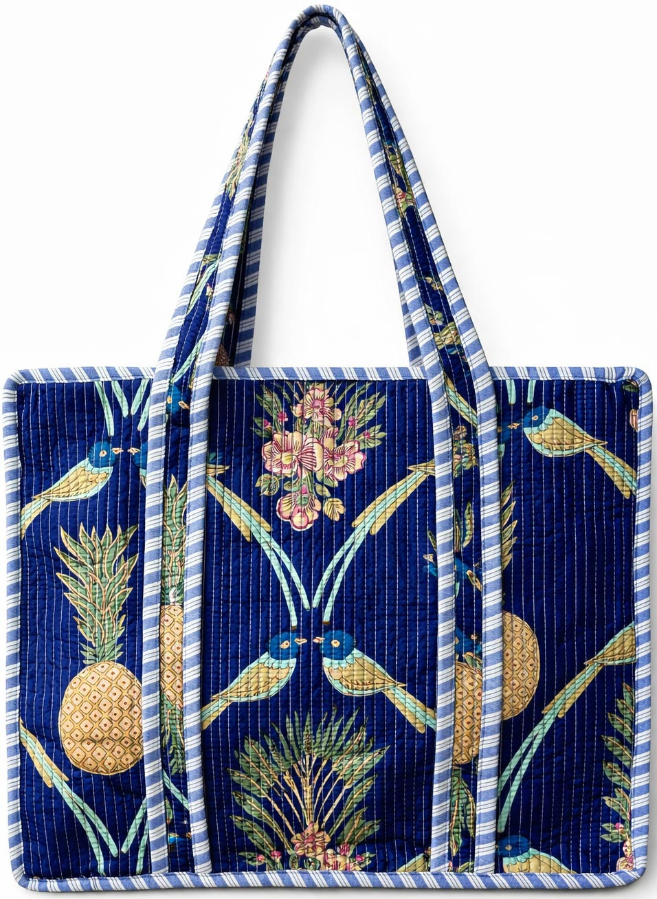 Handcrafted Quilted Cotton Tote Bag with Pineapple Bird Print