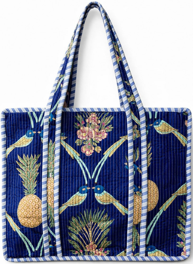 Image of Handcrafted Quilted Cotton Tote Bag with Pineapple Bird Print