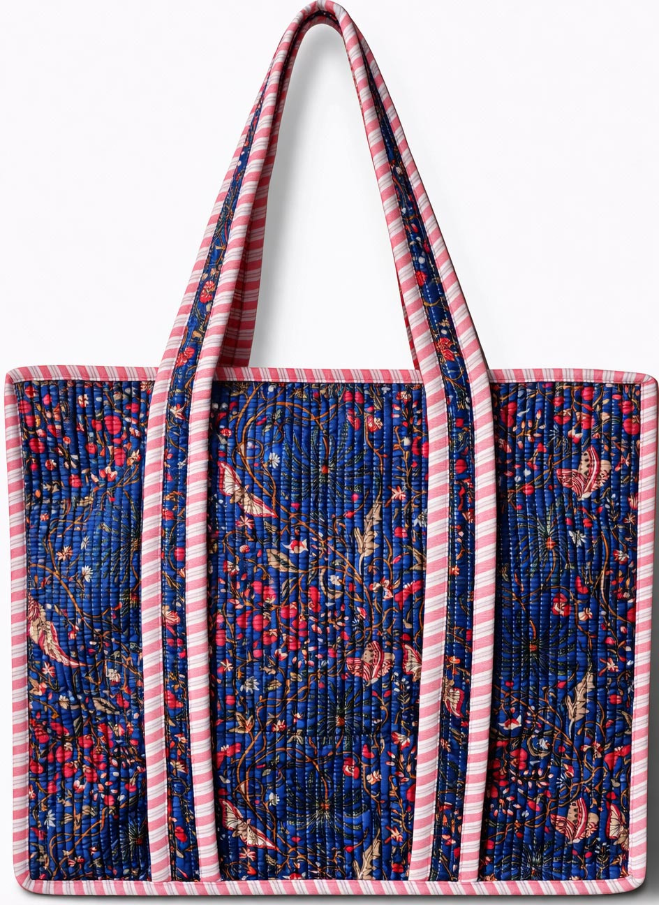 Handcrafted Quilted Cotton Tote Bag Royal Blue Floral Bird Print