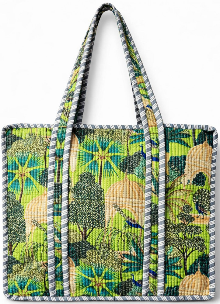 Image of Handcrafted Quilted Cotton Tote Bag with Tropical Jungle Print