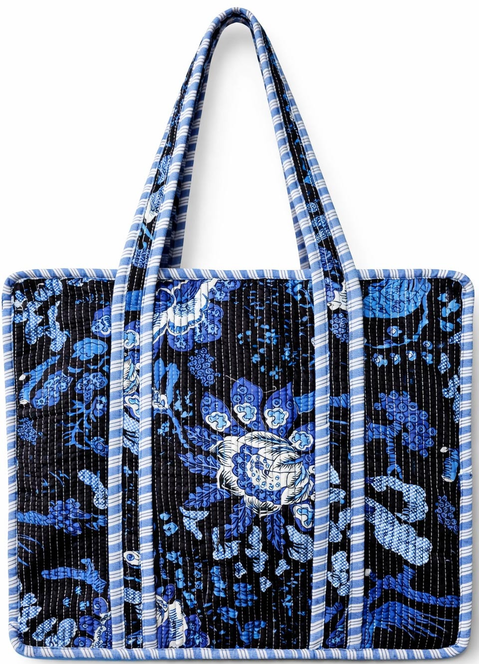 Handcrafted Quilted Cotton Tote Bag with Floral Print Blue Black