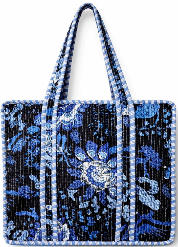 Image of Handcrafted Quilted Cotton Tote Bag with Floral Print (Blue Black)