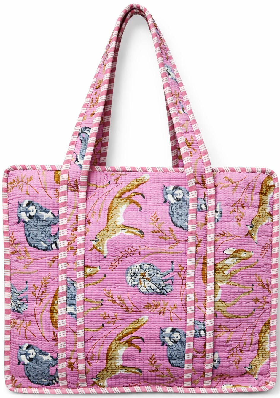 Handcrafted Quilted Cotton Tote Bag with Animal Print Pink