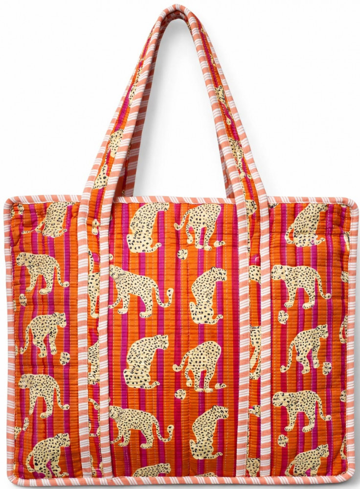 Image of Handcrafted Quilted Cotton Tote Bag with Leopard Striped Design